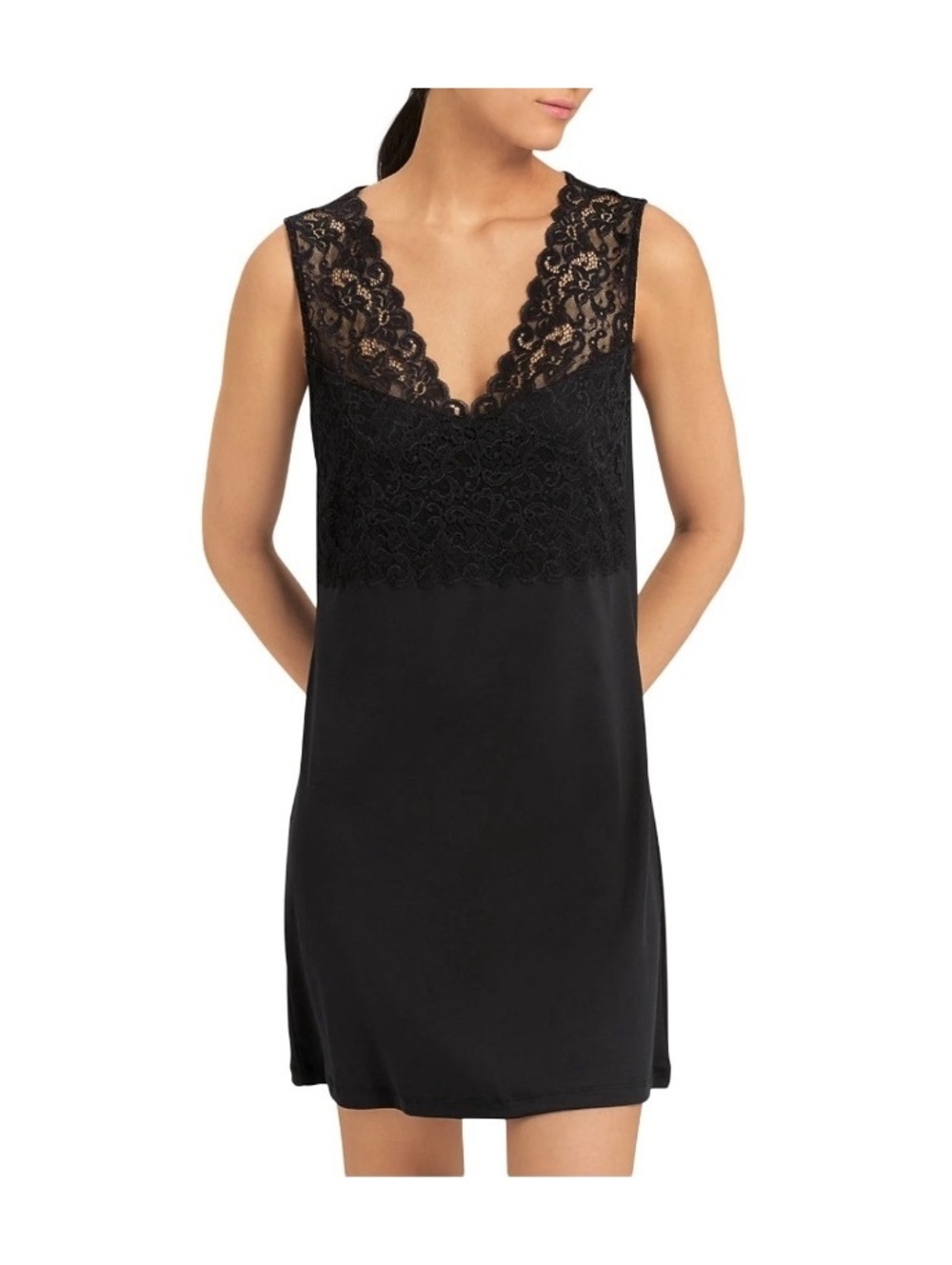 Hanro Moments black lace top knit nightgown dress M $210 msrp